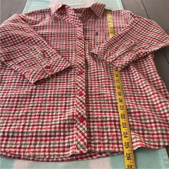 Columbia Plaid Button Down Shirt Crinkle Cotton 3/4 Sleeve L - Picture 10 of 10